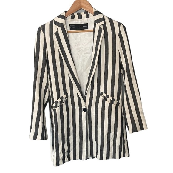 ZARA Linen Stripe Long Blazer - Picture 2 of 10